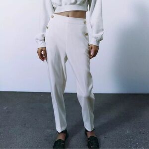 Zara cream Ecru high waisted gold buttons straight pants with pockets